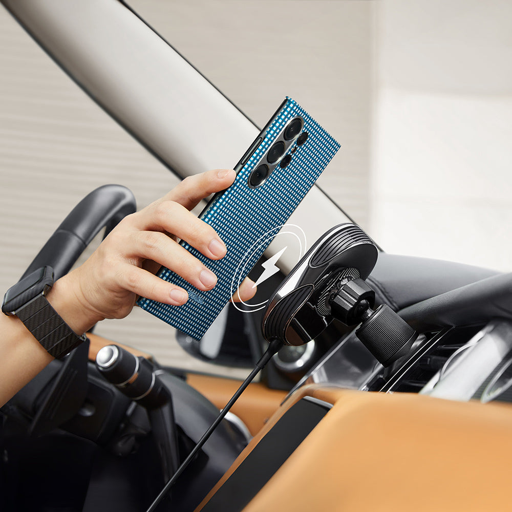 Galaxy S24 Ultra Kılıf M-safe Şarj Özellikli 1500D Aramid Karbon Fiber Pitaka Ultra-Slim Classic Serisi Ice Sea Kılıf