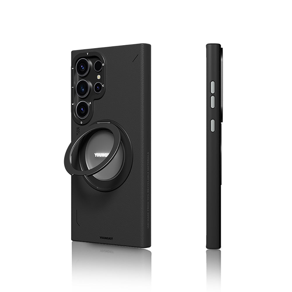 Galaxy S24 Ultra Kılıf M-safe Şarj Özellikli 360° Standlı Basit Mat Deri Desenli Youngkit Tech Leather Serisi Kılıf