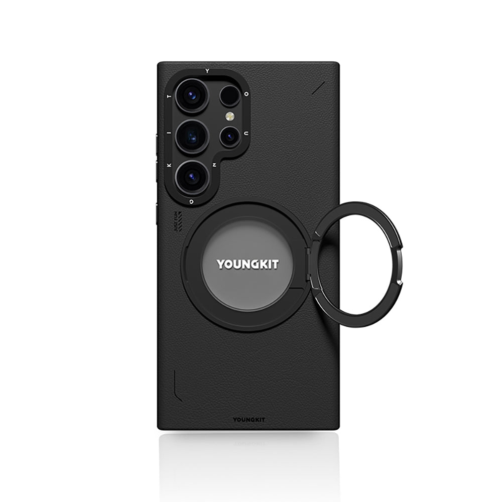 Galaxy S24 Ultra Kılıf M-safe Şarj Özellikli 360° Standlı Basit Mat Deri Desenli Youngkit Tech Leather Serisi Kılıf