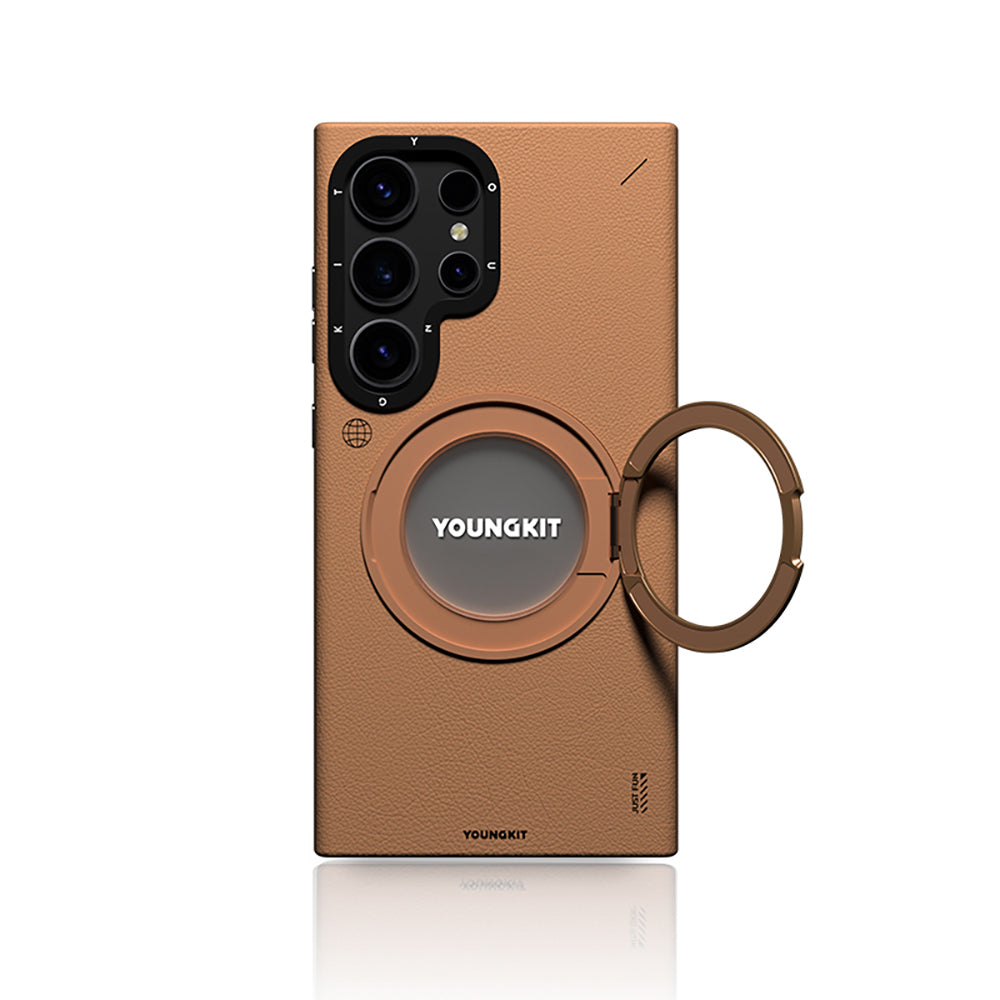 Galaxy S24 Ultra Kılıf M-safe Şarj Özellikli 360° Standlı Basit Mat Deri Desenli Youngkit Tech Leather Serisi Kılıf