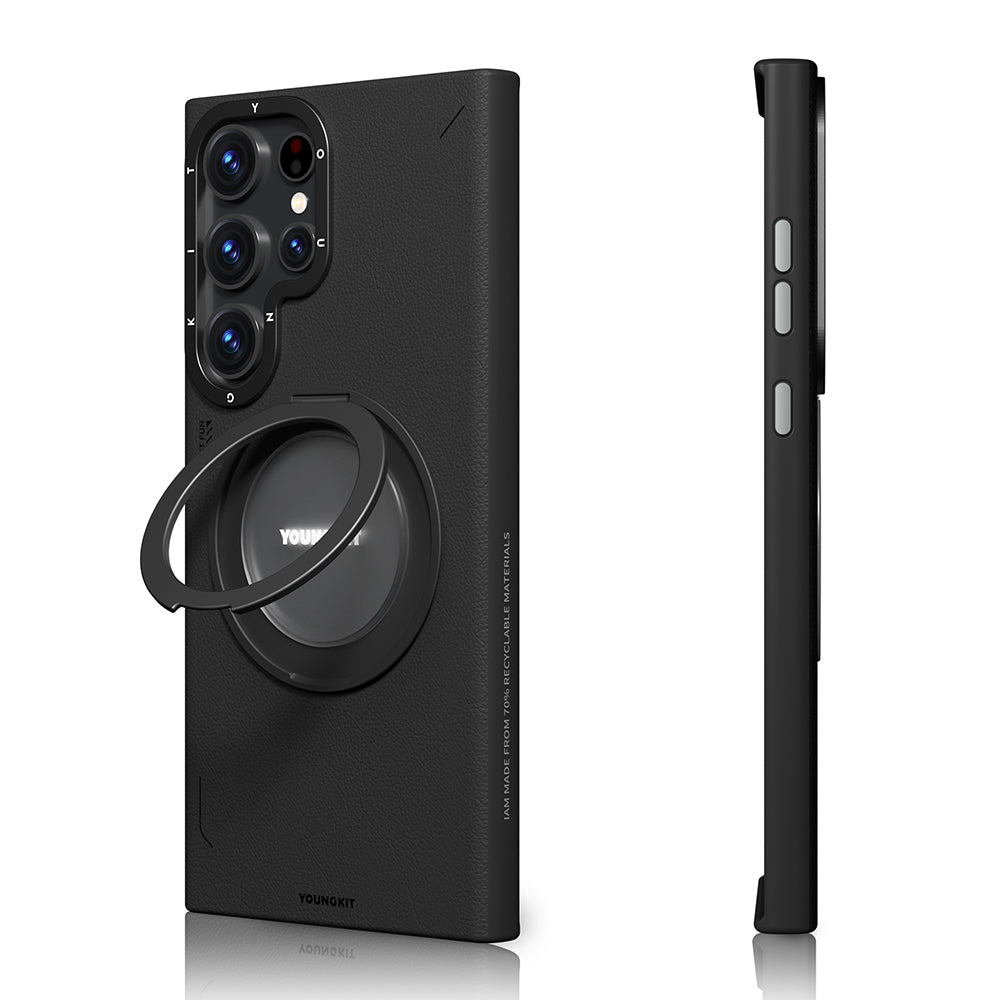 Galaxy S24 Ultra Kılıf M-safe Şarj Özellikli 360° Standlı Basit Mat Deri Desenli Youngkit Tech Leather Serisi Kılıf