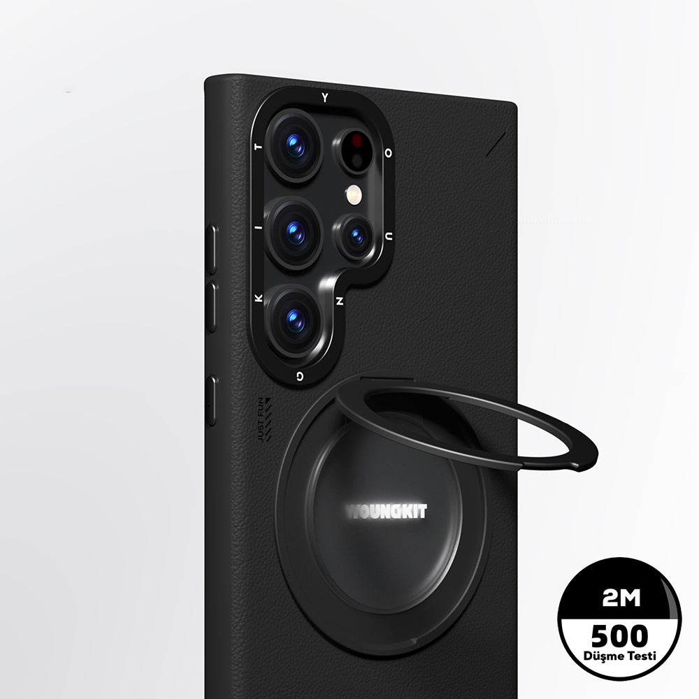 Galaxy S24 Ultra Kılıf M-safe Şarj Özellikli 360° Standlı Basit Mat Deri Desenli Youngkit Tech Leather Serisi Kılıf