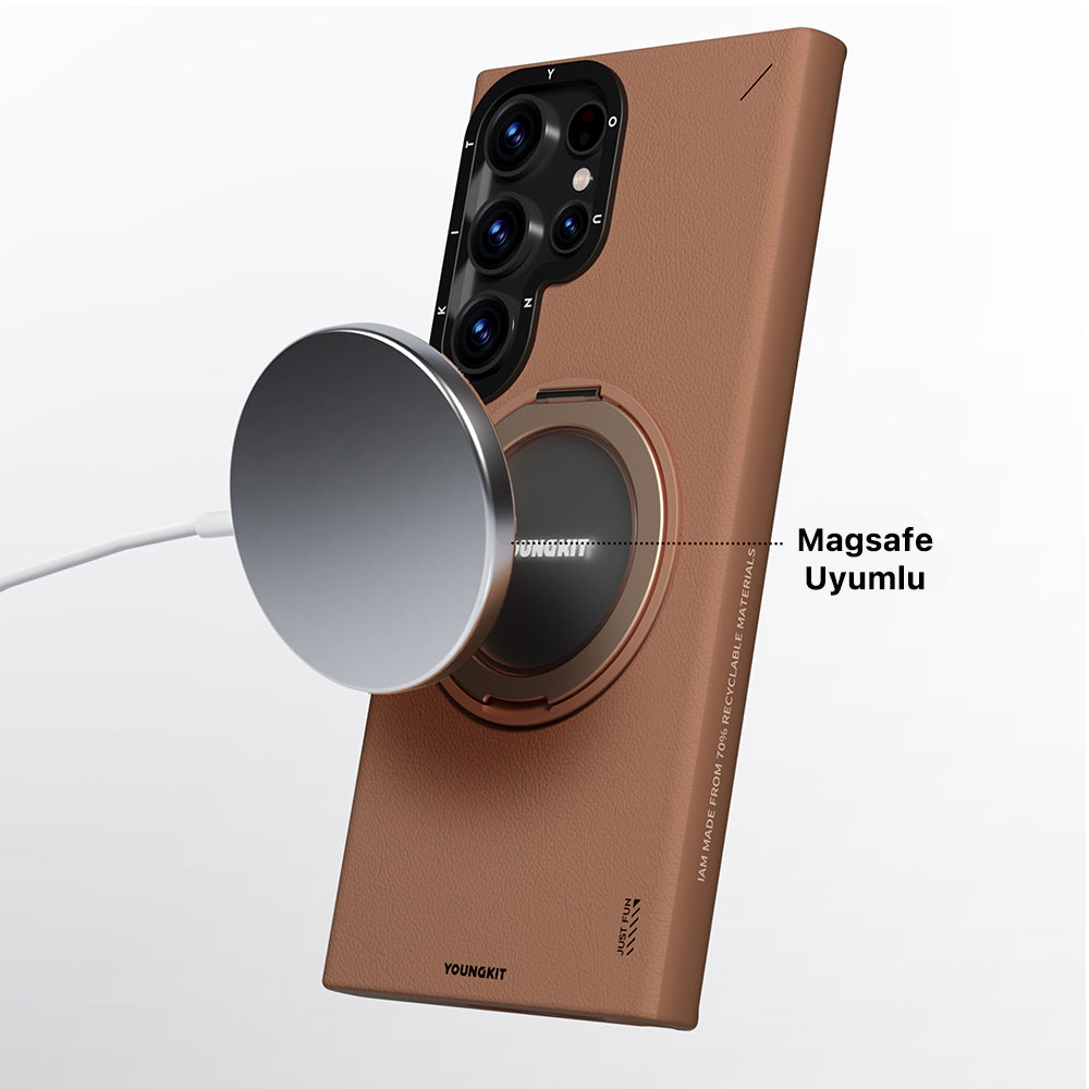 Galaxy S24 Ultra Kılıf M-safe Şarj Özellikli 360° Standlı Basit Mat Deri Desenli Youngkit Tech Leather Serisi Kılıf