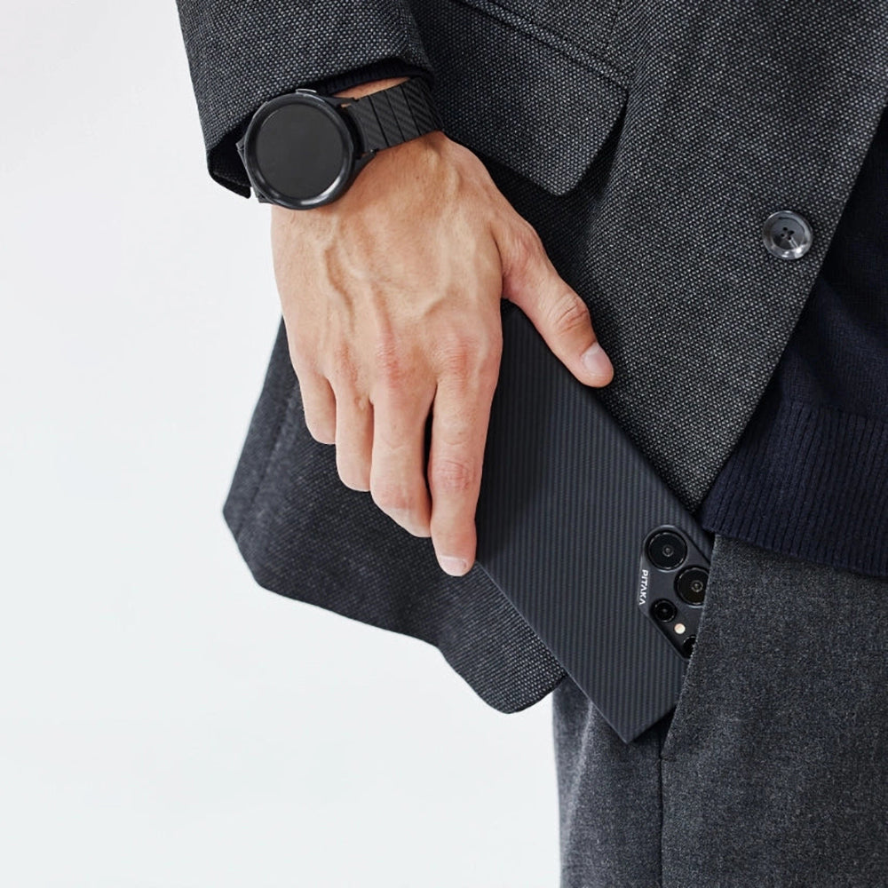 Galaxy S24 Ultra Kılıf M-safe Şarj Özellikli 600D Aramid Karbon Fiber Pitaka Ultra-Slim Classic Serisi Black-Grey Twill Kılıf