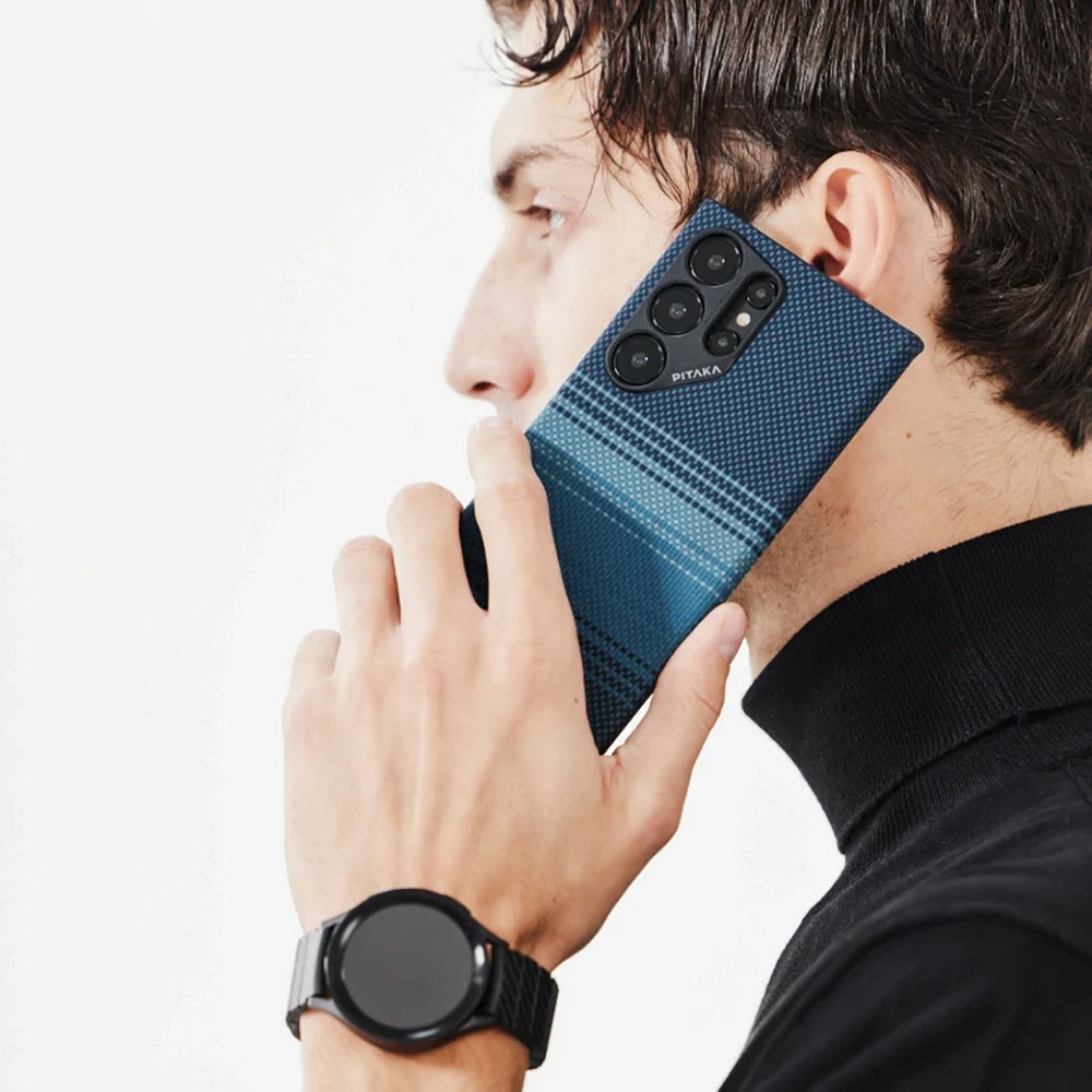 Galaxy S24 Ultra Kılıf M-safe Şarj Özellikli Aramid Karbon Fiber Pitaka Tactile Woven Sunset-Moonrise Serisi Moonrise Kılıf