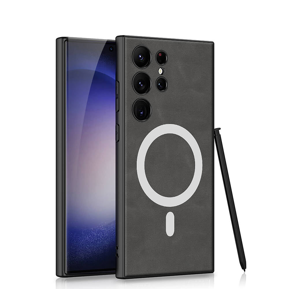 Galaxy S24 Ultra Kılıf M-safe Şarj Özellikli Deri Tasarımlı Zore Kıpta Nubuk Kılıf