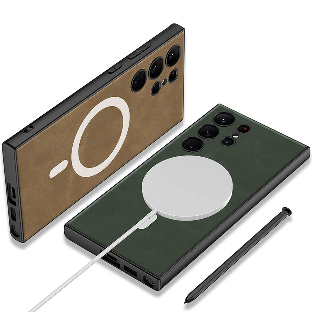 Galaxy S24 Ultra Kılıf M-safe Şarj Özellikli Deri Tasarımlı Zore Kıpta Nubuk Kılıf