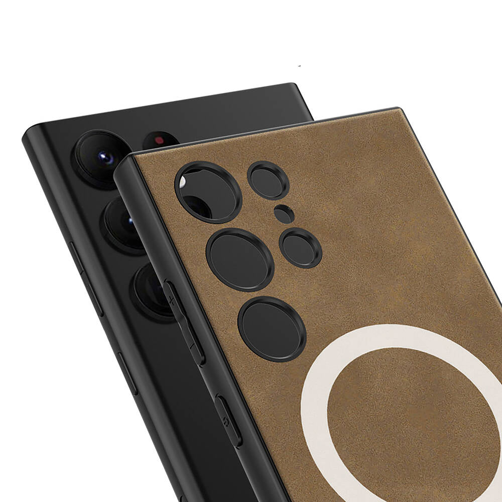 Galaxy S24 Ultra Kılıf M-safe Şarj Özellikli Deri Tasarımlı Zore Kıpta Nubuk Kılıf