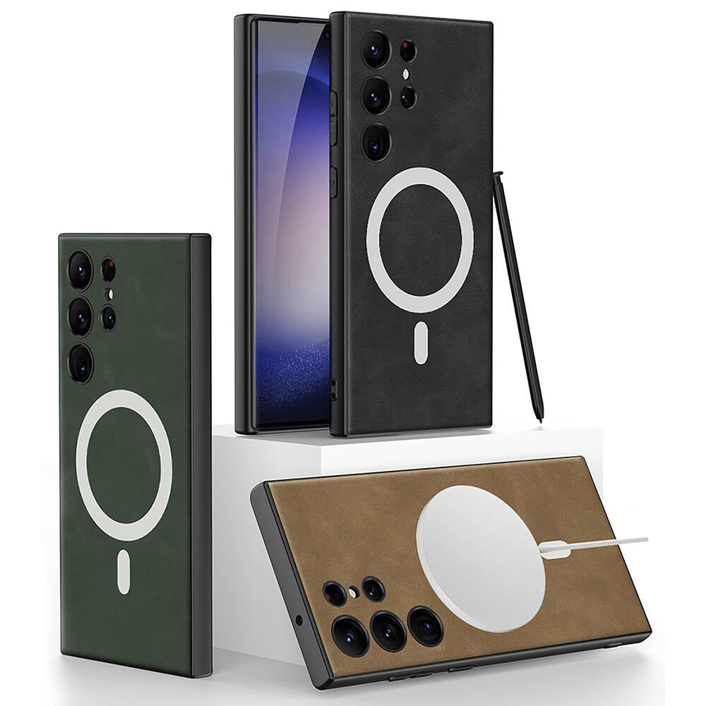 Galaxy S24 Ultra Kılıf M-safe Şarj Özellikli Deri Tasarımlı Zore Kıpta Nubuk Kılıf