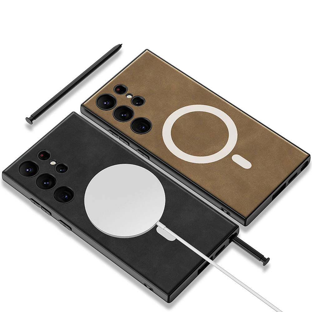 Galaxy S24 Ultra Kılıf M-safe Şarj Özellikli Deri Tasarımlı Zore Kıpta Nubuk Kılıf