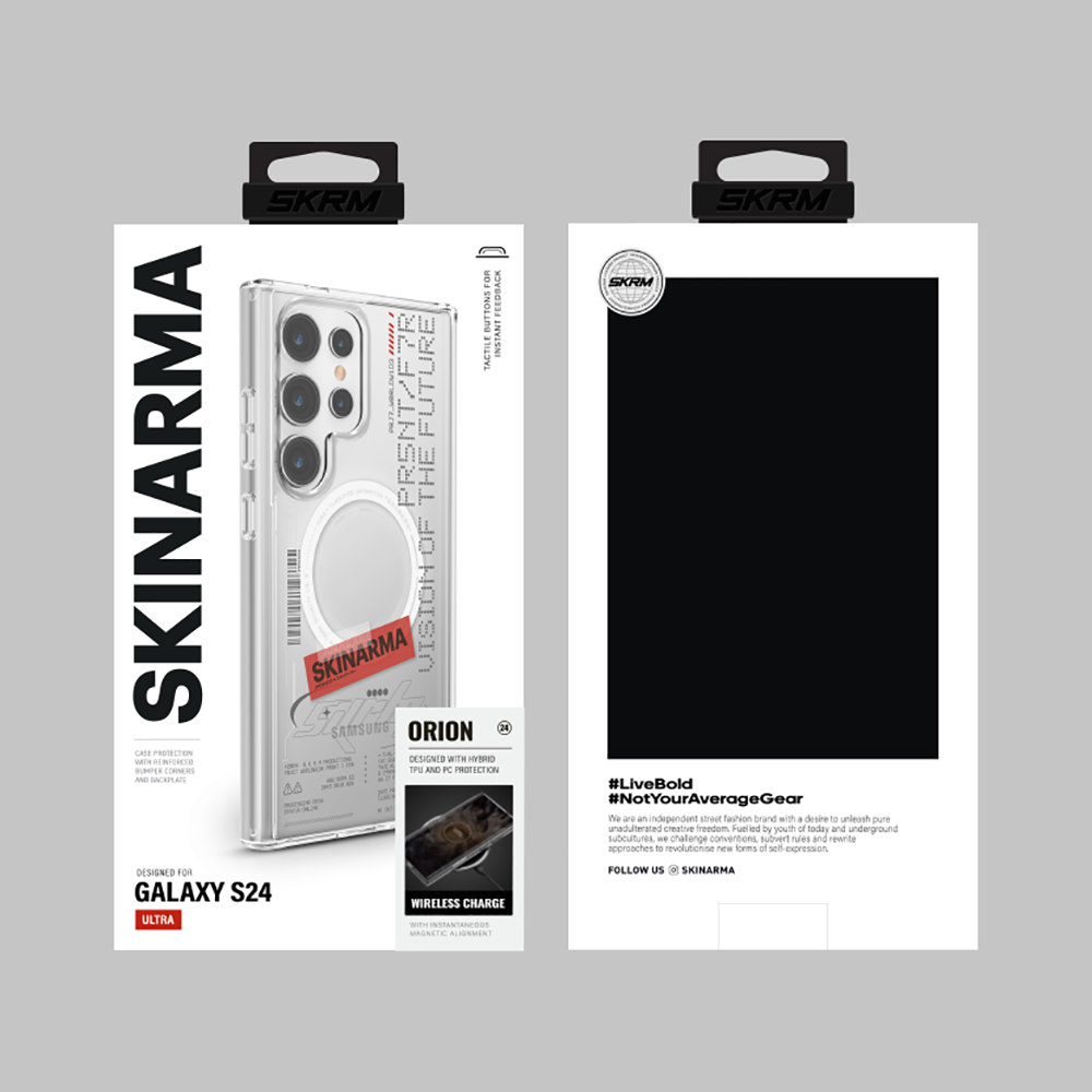 Galaxy S24 Ultra Kılıf SkinArma M-safe Şarj Özellikli Yazı Desenli Airbag Tasarımlı Orion Kılıf
