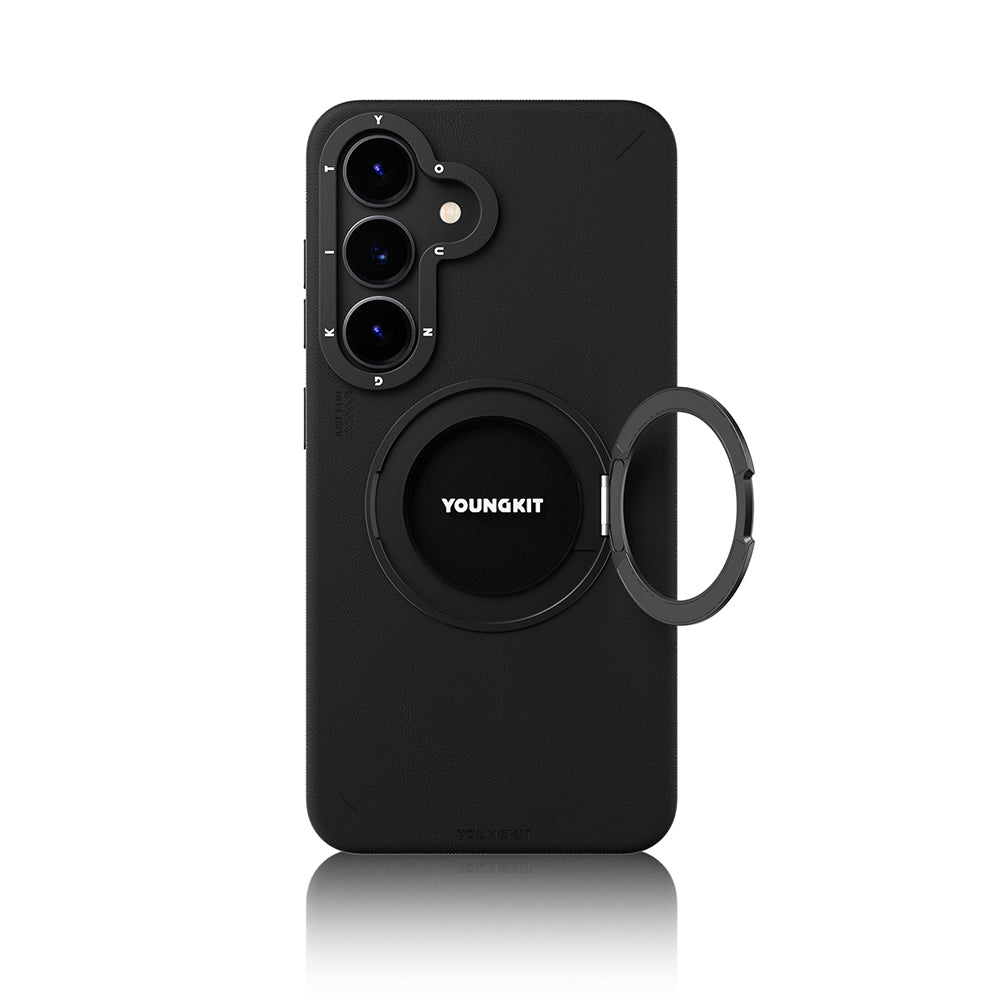 Galaxy S25 Kılıf M-safe Şarj Özellikli 360° Standlı Basit Mat Deri Desenli Youngkit Tech Leather Serisi Kılıf