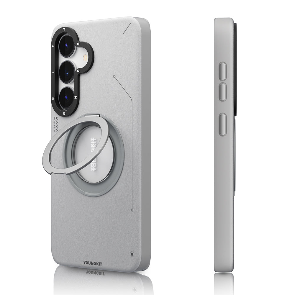 Galaxy S25 Kılıf M-safe Şarj Özellikli 360° Standlı Basit Mat Deri Desenli Youngkit Tech Leather Serisi Kılıf