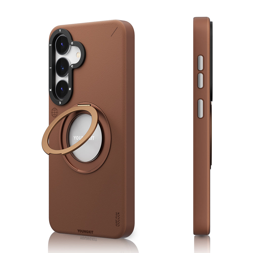 Galaxy S25 Kılıf M-safe Şarj Özellikli 360° Standlı Basit Mat Deri Desenli Youngkit Tech Leather Serisi Kılıf