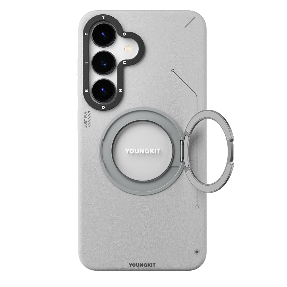 Galaxy S25 Kılıf M-safe Şarj Özellikli 360° Standlı Basit Mat Deri Desenli Youngkit Tech Leather Serisi Kılıf