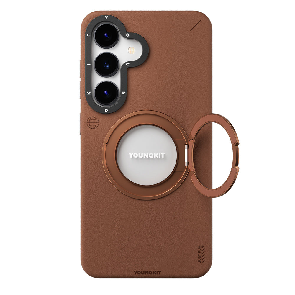 Galaxy S25 Kılıf M-safe Şarj Özellikli 360° Standlı Basit Mat Deri Desenli Youngkit Tech Leather Serisi Kılıf