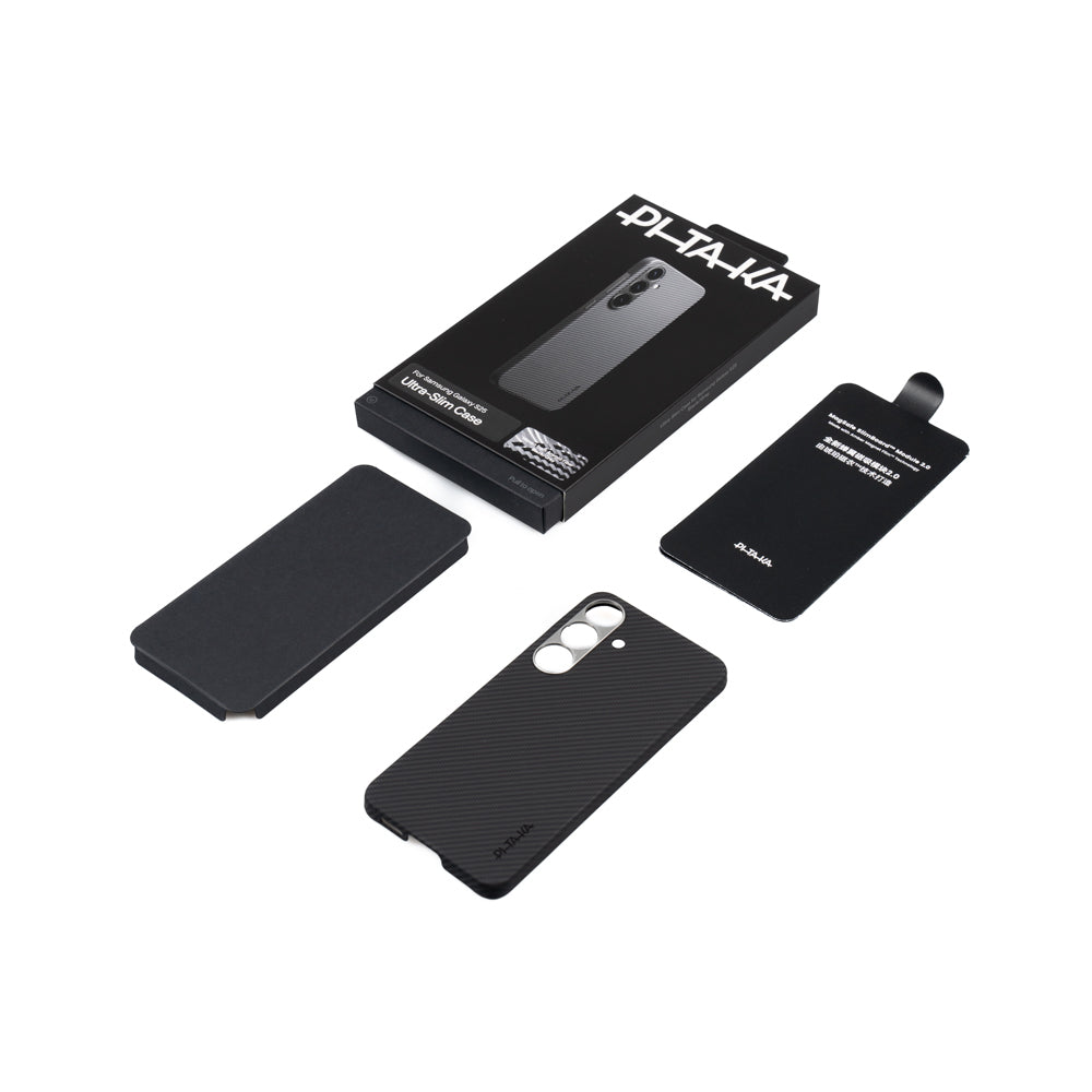 Galaxy S25 Kılıf M-safe Şarj Özellikli 600D Aramid Karbon Fiber Pitaka Ultra-Slim Classic Serisi Black-Grey Twill Kılıf