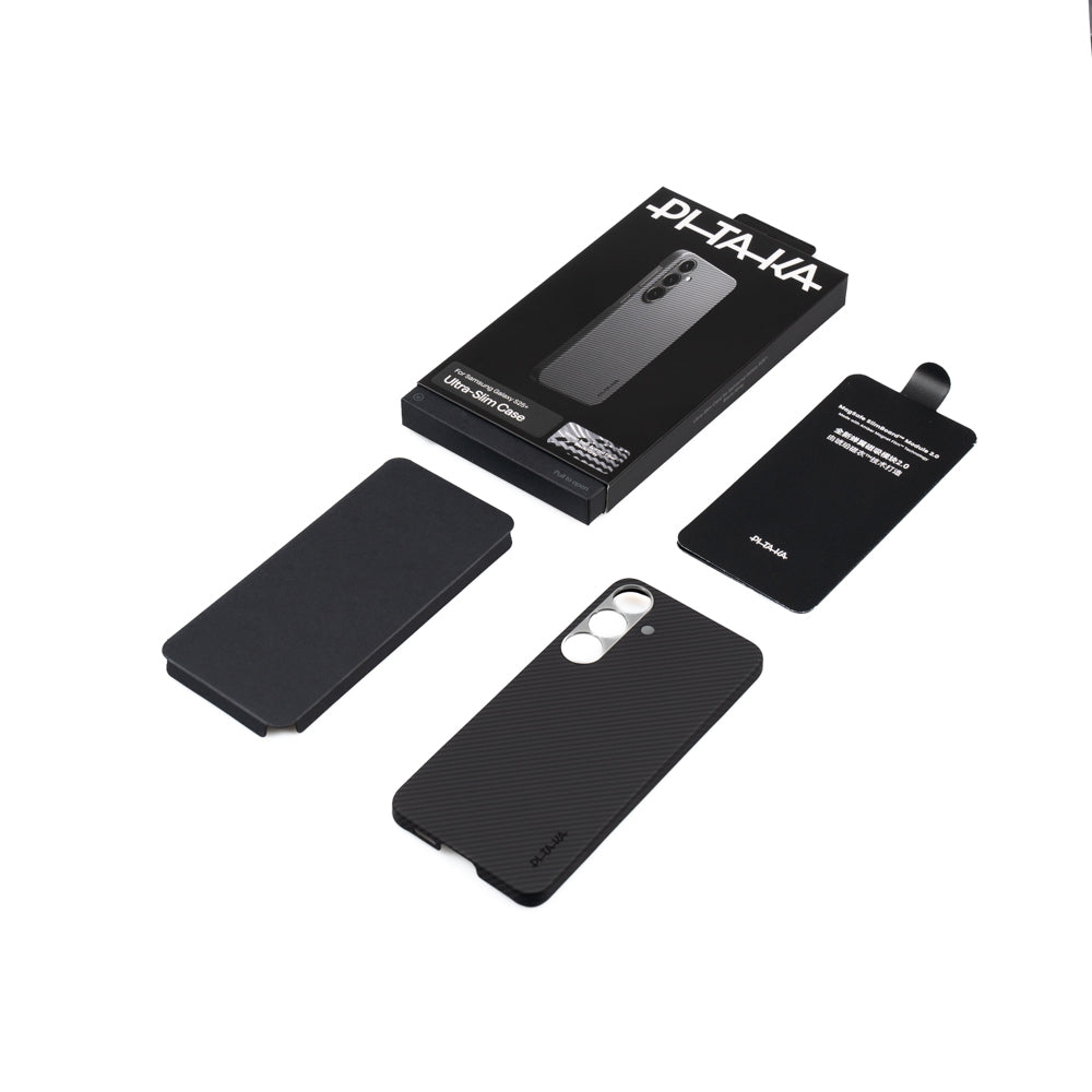 Galaxy S25 Plus Kılıf M-safe Şarj Özellikli 600D Aramid Karbon Fiber Pitaka Ultra-Slim Classic Serisi Black-Grey Twill Kılıf