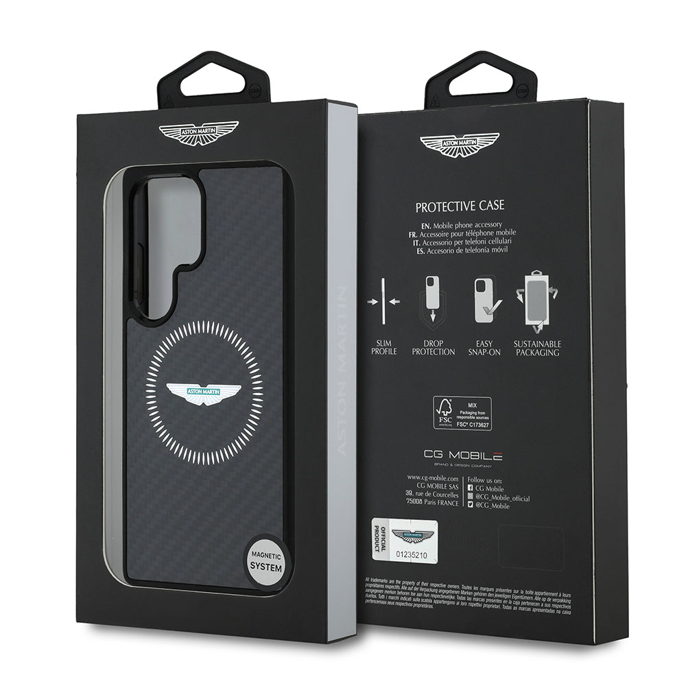 Galaxy S25 Ultra Kılıf Aston Martin Orijinal Lisanslı M-safe Şarj Özellikli Radyal Halka ve Karbon Fiber Tasarımlı Kılıf