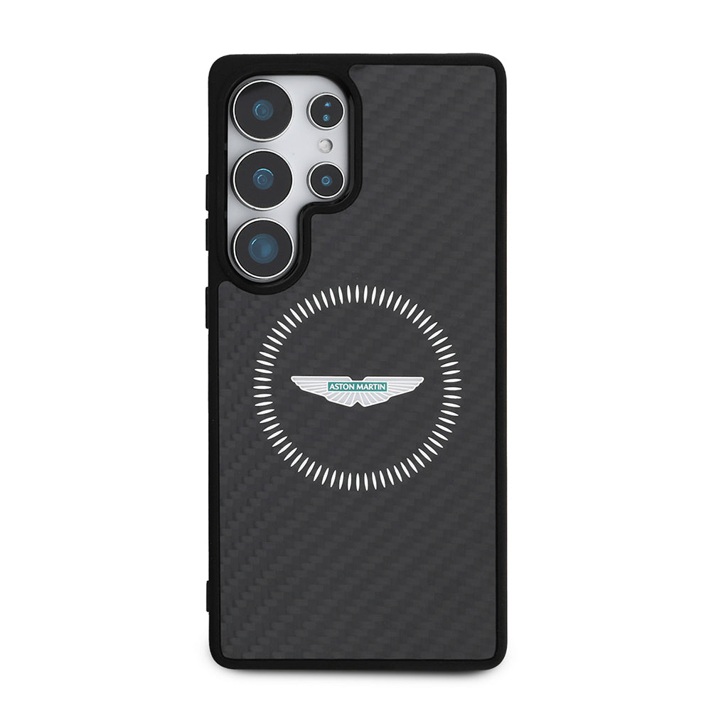 Galaxy S25 Ultra Kılıf Aston Martin Orijinal Lisanslı M-safe Şarj Özellikli Radyal Halka ve Karbon Fiber Tasarımlı Kılıf