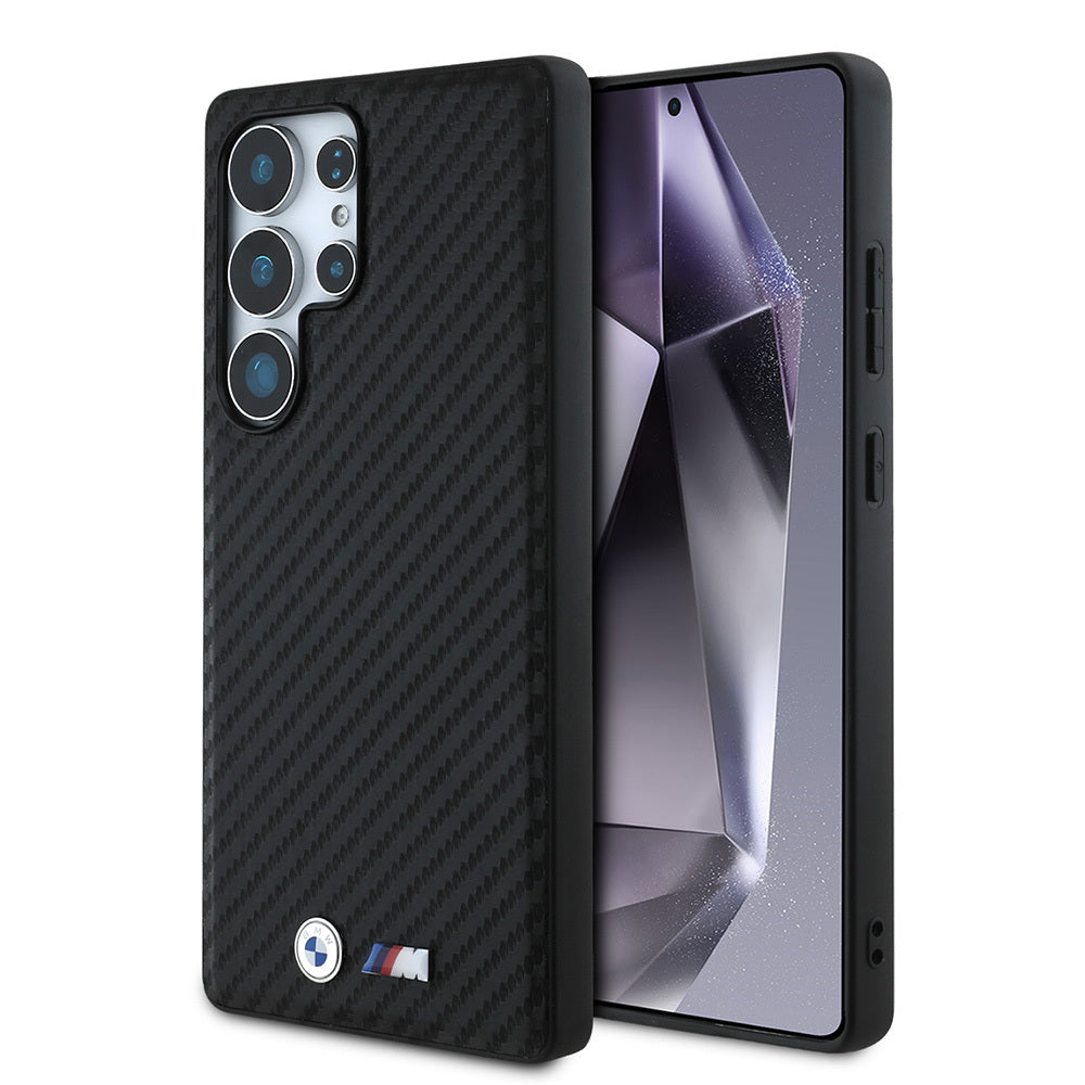 Galaxy S25 Ultra Kılıf BMW Orijinal Lisanslı M-safe Şarj Özellikli Karbon Fiber Tasarımlı ve Metal Logolu PU Deri Kılıf