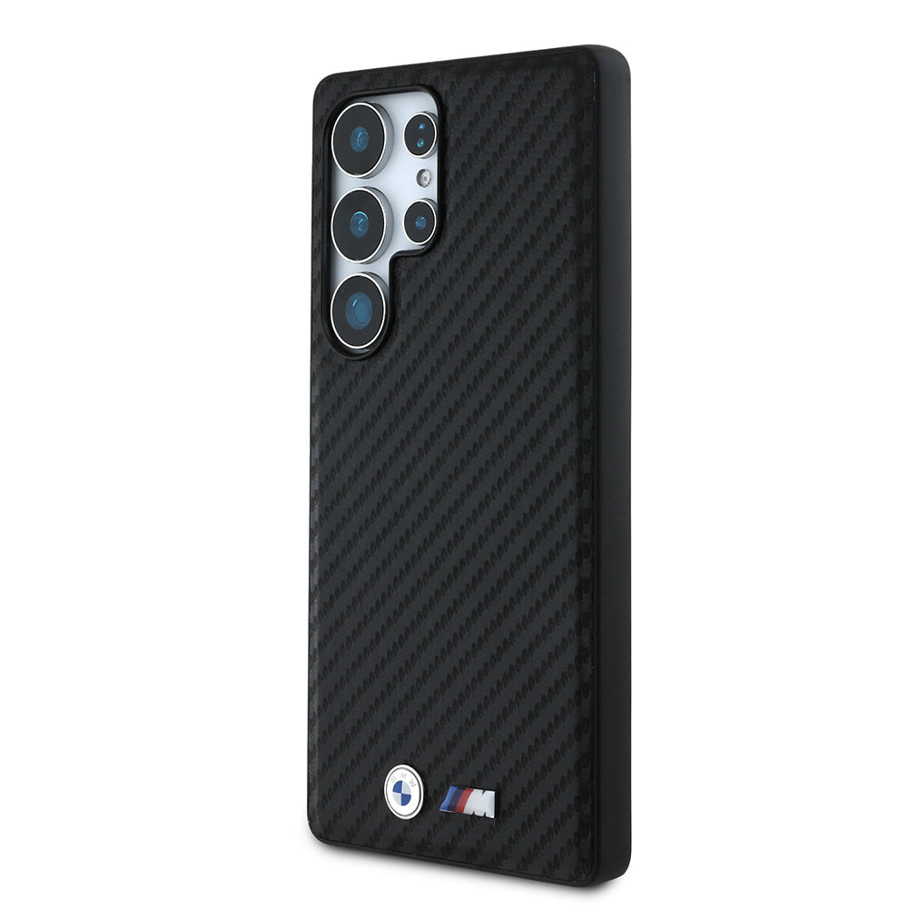 Galaxy S25 Ultra Kılıf BMW Orijinal Lisanslı M-safe Şarj Özellikli Karbon Fiber Tasarımlı ve Metal Logolu PU Deri Kılıf