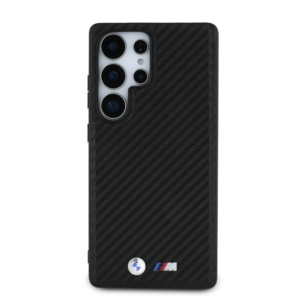 Galaxy S25 Ultra Kılıf BMW Orijinal Lisanslı M-safe Şarj Özellikli Karbon Fiber Tasarımlı ve Metal Logolu PU Deri Kılıf