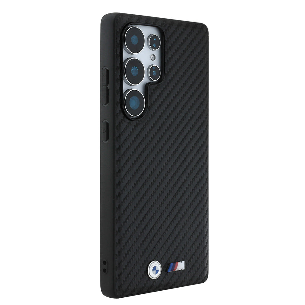 Galaxy S25 Ultra Kılıf BMW Orijinal Lisanslı M-safe Şarj Özellikli Karbon Fiber Tasarımlı ve Metal Logolu PU Deri Kılıf