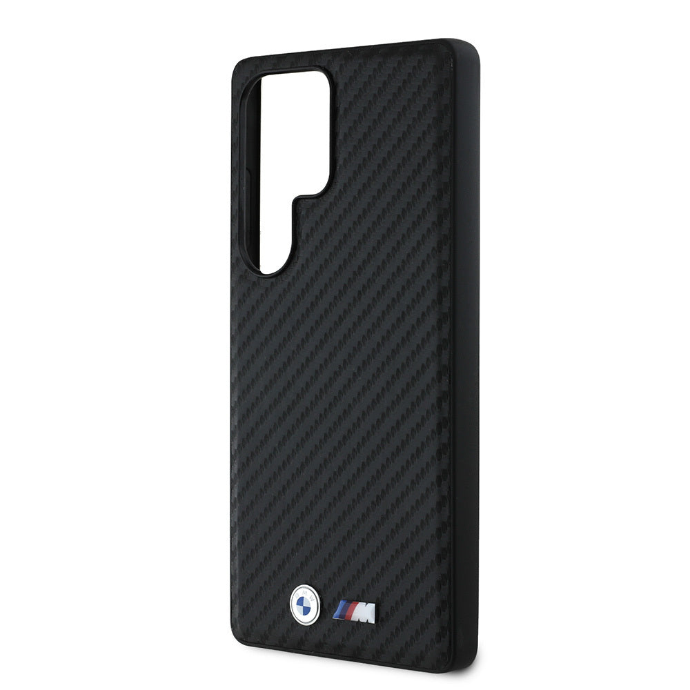 Galaxy S25 Ultra Kılıf BMW Orijinal Lisanslı M-safe Şarj Özellikli Karbon Fiber Tasarımlı ve Metal Logolu PU Deri Kılıf