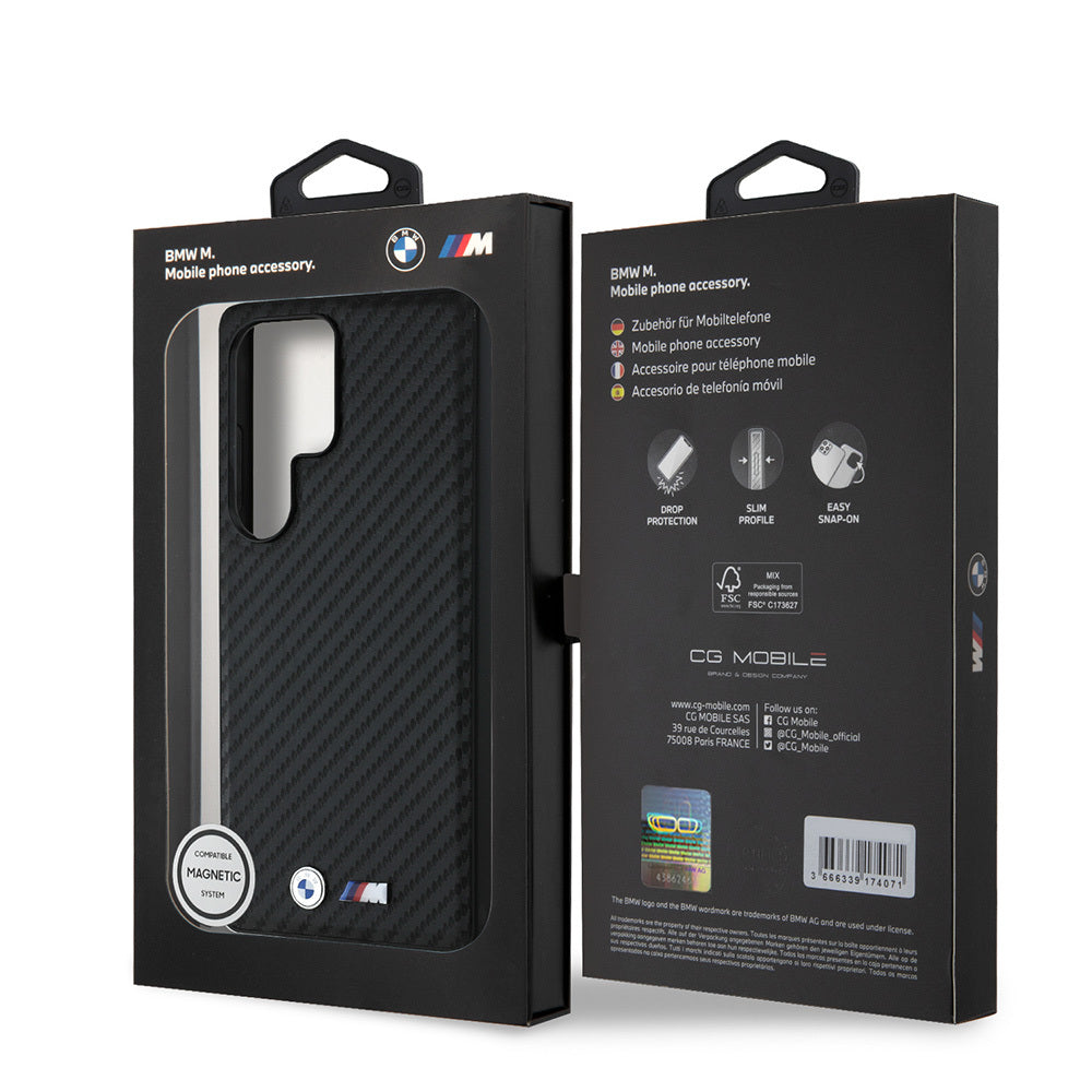 Galaxy S25 Ultra Kılıf BMW Orijinal Lisanslı M-safe Şarj Özellikli Karbon Fiber Tasarımlı ve Metal Logolu PU Deri Kılıf