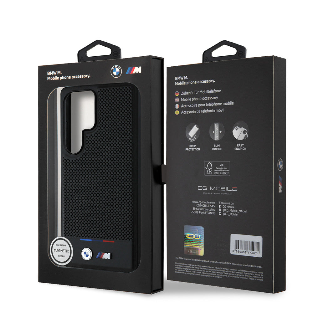 Galaxy S25 Ultra Kılıf BMW Orijinal Lisanslı M-safe Şarj Özellikli M Logolu Bottom Üç Çizgili Delikli PU Deri Kılıf