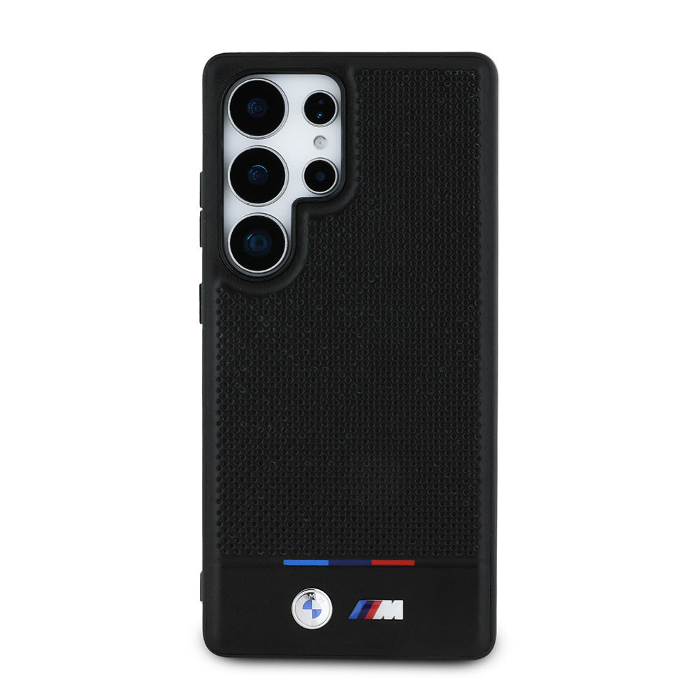 Galaxy S25 Ultra Kılıf BMW Orijinal Lisanslı M-safe Şarj Özellikli M Logolu Bottom Üç Çizgili Delikli PU Deri Kılıf