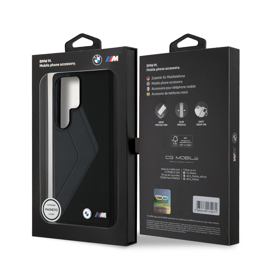 Galaxy S25 Ultra Kılıf BMW Orijinal Lisanslı M-safe Şarj Özellikli M Logolu Oversize Çizgili PU Deri Kılıf