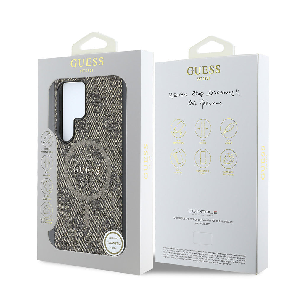 Galaxy S25 Ultra Kılıf Guess Orijinal Lisanslı M-safe Şarj Özellikli PU Halkalı 4G Desenli Yazı Logolu Kılıf