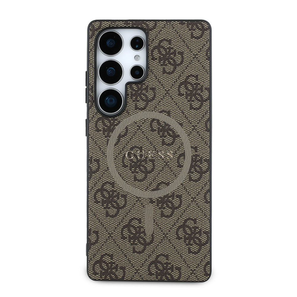 Galaxy S25 Ultra Kılıf Guess Orijinal Lisanslı M-safe Şarj Özellikli PU Halkalı 4G Desenli Yazı Logolu Kılıf