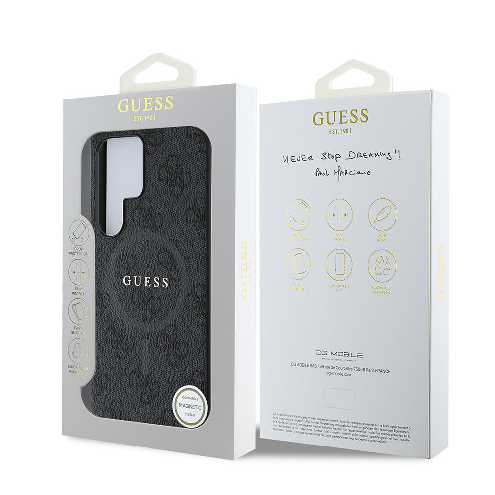 Galaxy S25 Ultra Kılıf Guess Orijinal Lisanslı M-safe Şarj Özellikli PU Halkalı 4G Desenli Yazı Logolu Kılıf