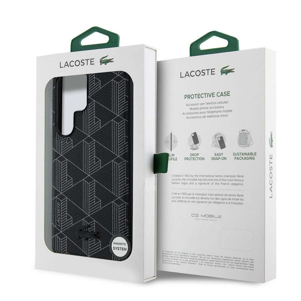 Galaxy S25 Ultra Kılıf Lacoste orijinal Lisanslı M-safe Şarj Özellikli PU Deri Görünümlü Karışık Monogram Desenli Kılıf