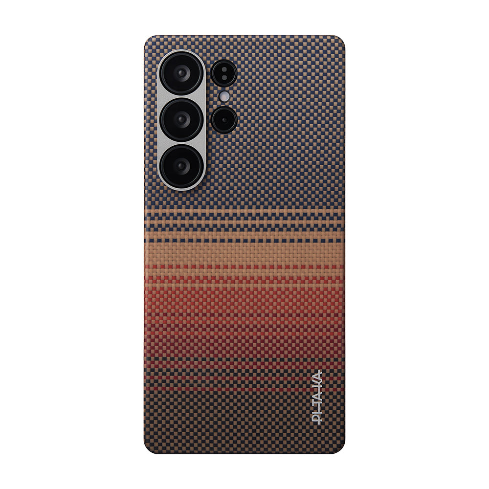 Galaxy S25 Ultra Kılıf M-safe Şarj Özellikli Aramid Karbon Fiber Pitaka Tactile Woven Sunset-Moonrise Serisi Kılıf