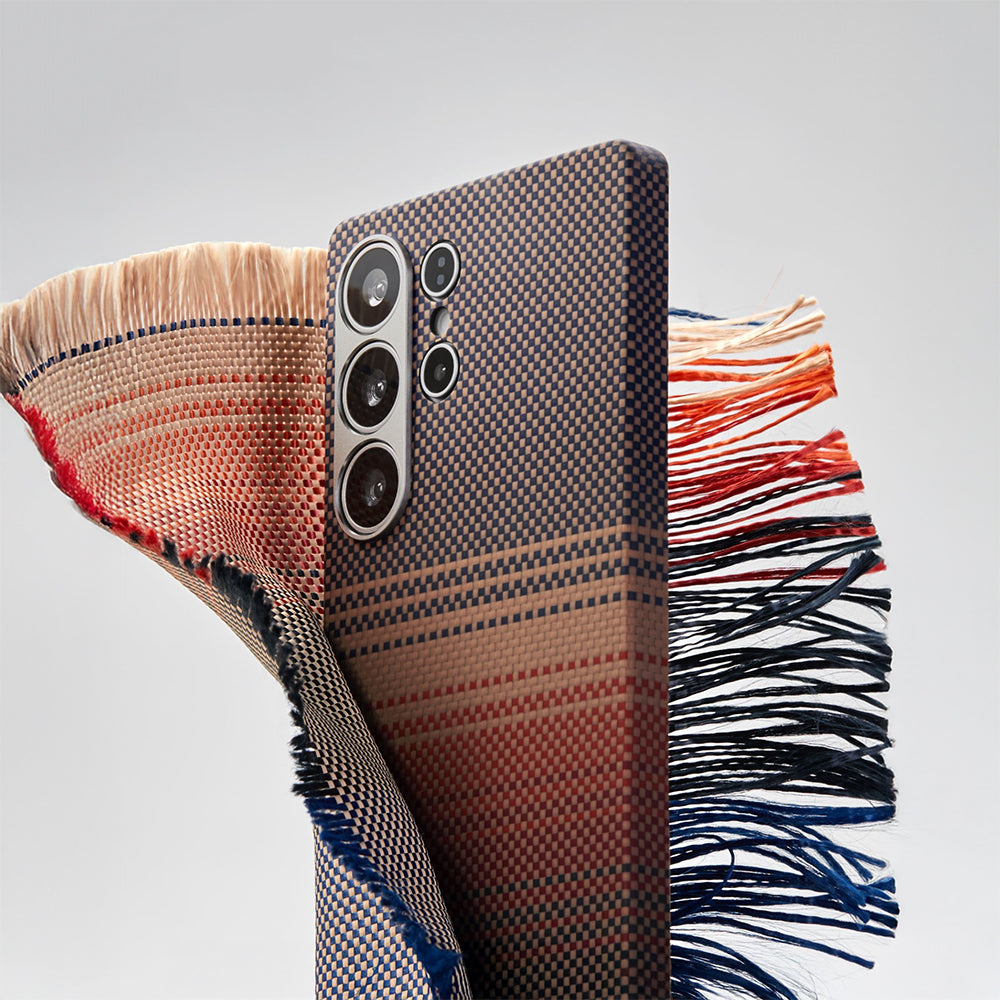 Galaxy S25 Ultra Kılıf M-safe Şarj Özellikli Aramid Karbon Fiber Pitaka Tactile Woven Sunset-Moonrise Serisi Kılıf