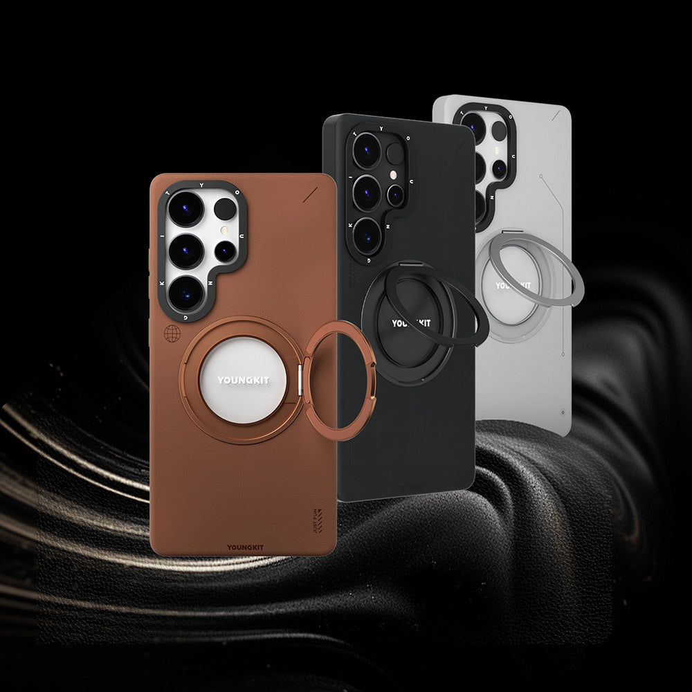 Galaxy S25 Ultra Kılıf M-safe Şarj Özellikli 360° Standlı Basit Mat Deri Desenli Youngkit Tech Leather Serisi Kılıf