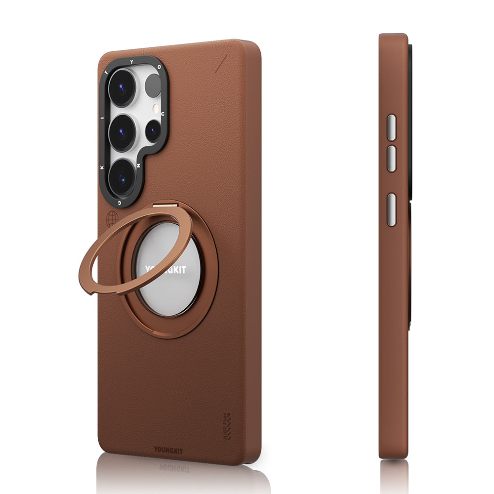 Galaxy S25 Ultra Kılıf M-safe Şarj Özellikli 360° Standlı Basit Mat Deri Desenli Youngkit Tech Leather Serisi Kılıf