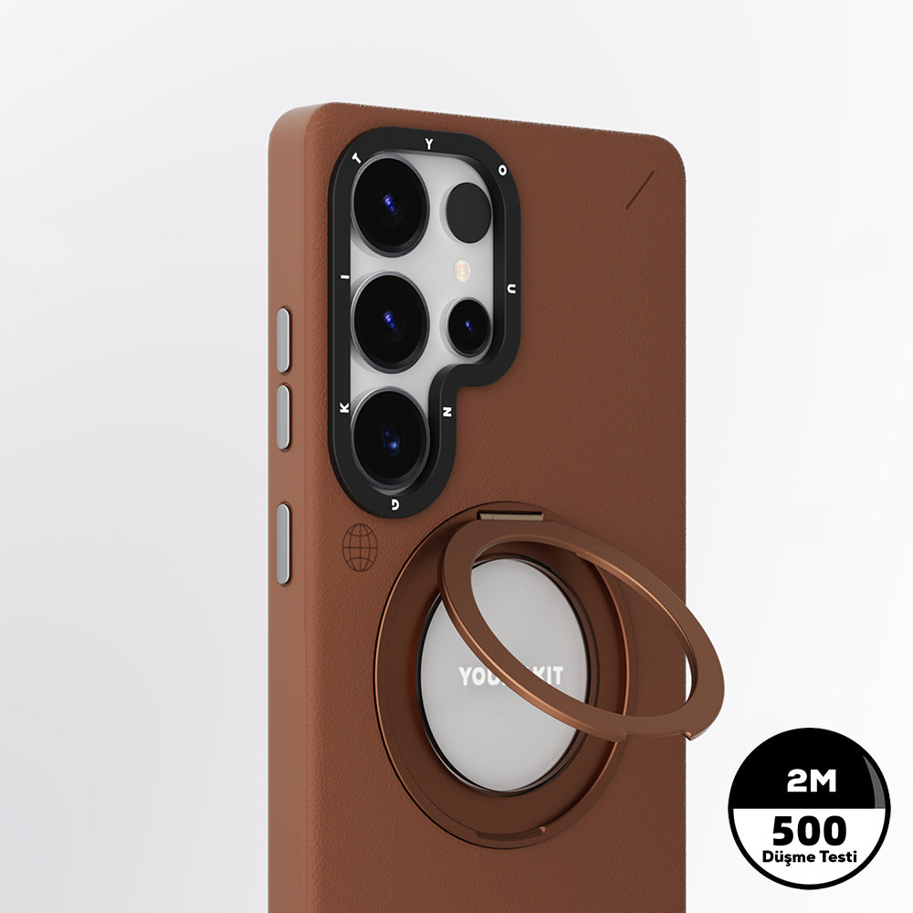 Galaxy S25 Ultra Kılıf M-safe Şarj Özellikli 360° Standlı Basit Mat Deri Desenli Youngkit Tech Leather Serisi Kılıf