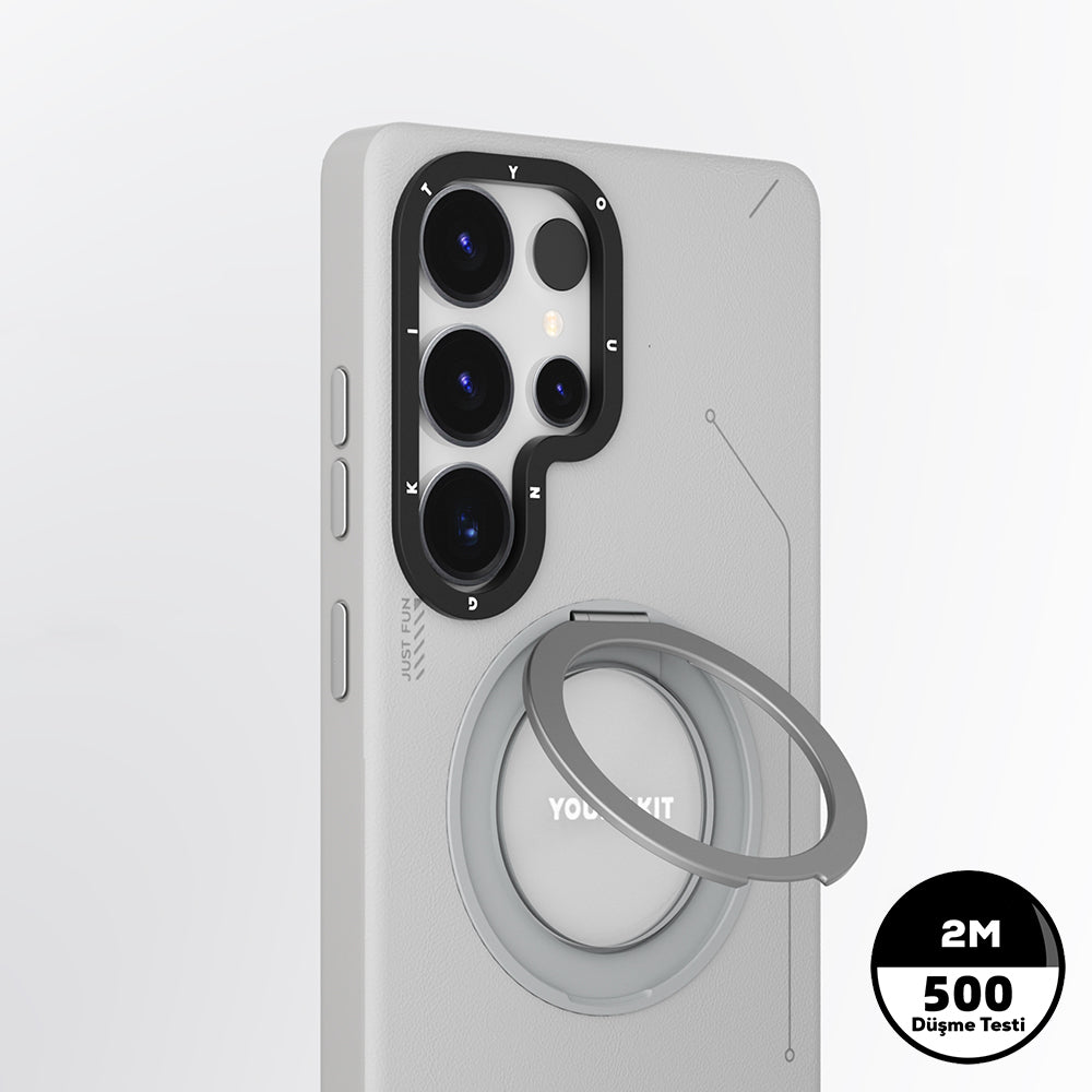 Galaxy S25 Ultra Kılıf M-safe Şarj Özellikli 360° Standlı Basit Mat Deri Desenli Youngkit Tech Leather Serisi Kılıf