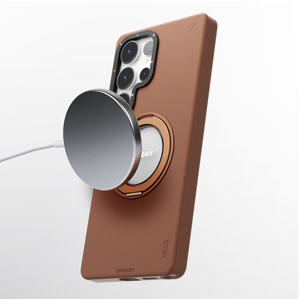 Galaxy S25 Ultra Kılıf M-safe Şarj Özellikli 360° Standlı Basit Mat Deri Desenli Youngkit Tech Leather Serisi Kılıf