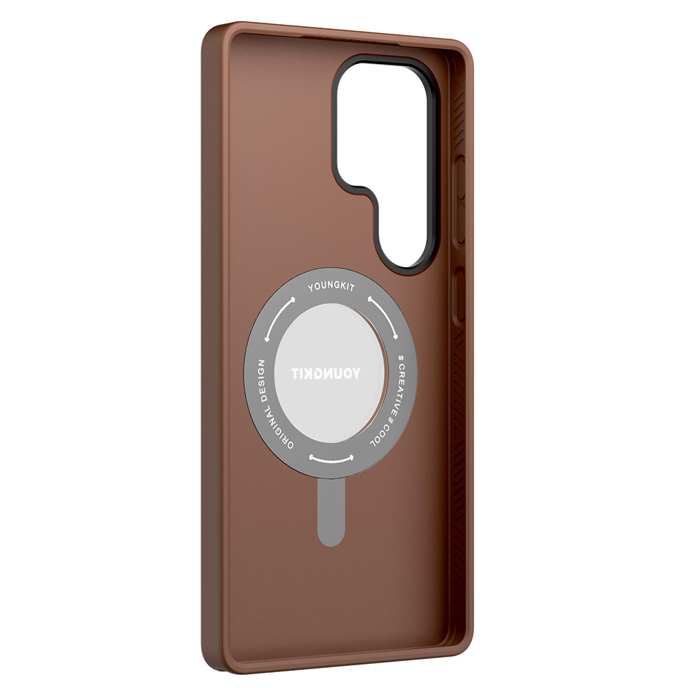 Galaxy S25 Ultra Kılıf M-safe Şarj Özellikli 360° Standlı Basit Mat Deri Desenli Youngkit Tech Leather Serisi Kılıf