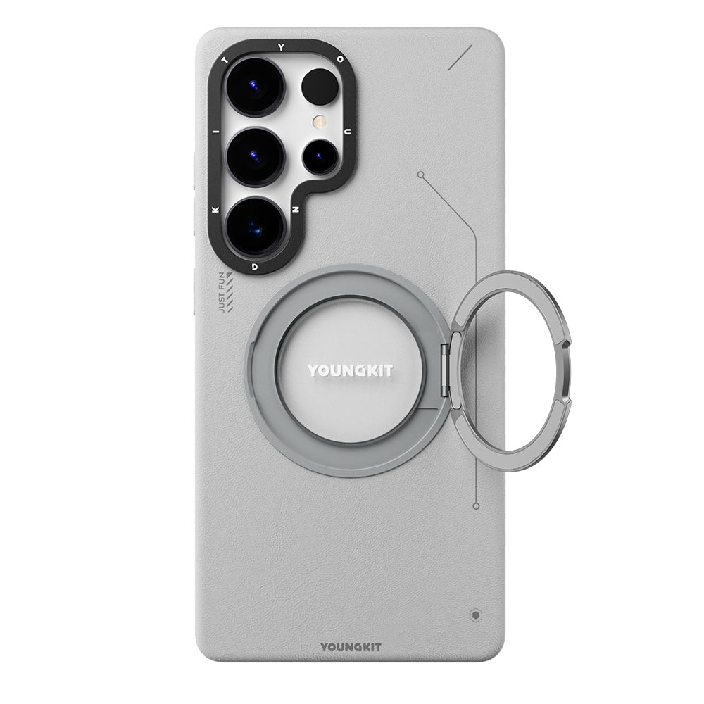 Galaxy S25 Ultra Kılıf M-safe Şarj Özellikli 360° Standlı Basit Mat Deri Desenli Youngkit Tech Leather Serisi Kılıf