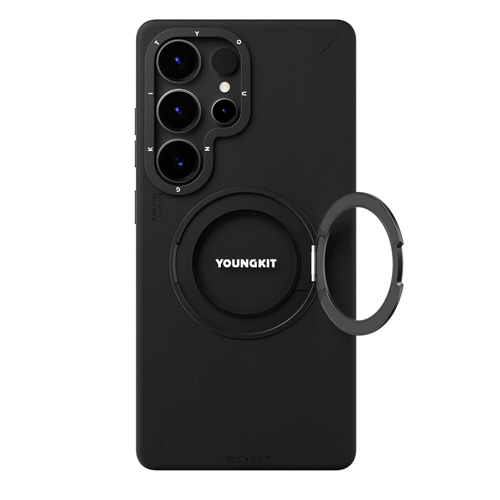 Galaxy S25 Ultra Kılıf M-safe Şarj Özellikli 360° Standlı Basit Mat Deri Desenli Youngkit Tech Leather Serisi Kılıf