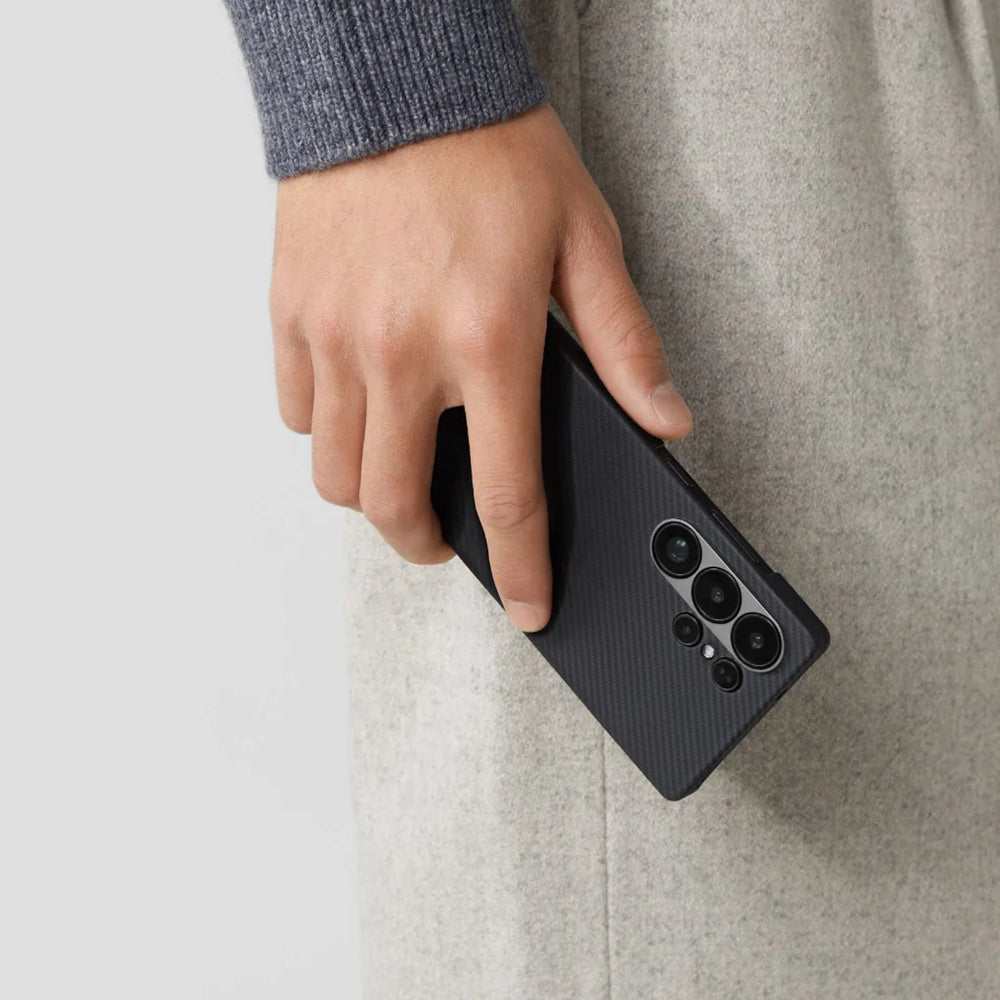 Galaxy S25 Ultra Kılıf M-safe Şarj Özellikli 600D Aramid Fiber Pitaka Ultra-Slim Classic Serisi Black-Grey Twill Kılıf