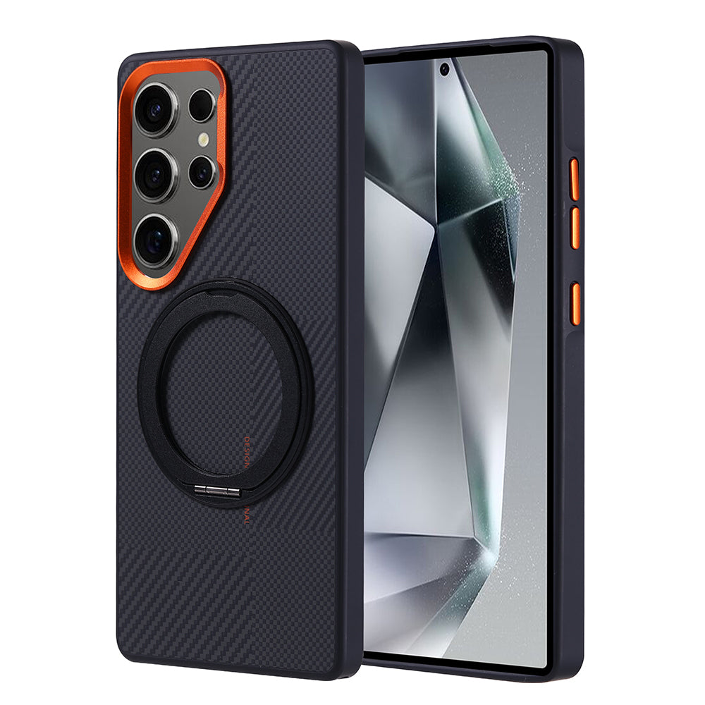Galaxy S25 Ultra Kılıf M-safe Şarj Özellikli Karbon Fiber Görünümlü Zore Standlı Troy Kılıf