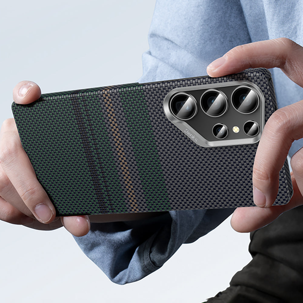 Galaxy S25 Ultra Kılıf M-safe Şarj Özellikli Karbon Fiber Tasarımlı Benks Aurora ArmorAir Kevlar Kılıf